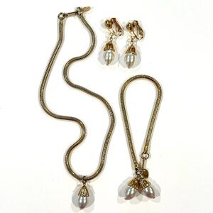 Vintage Park Lane Gold Tone Snake Chain & Faux Pearl Jewelry Set Necklace